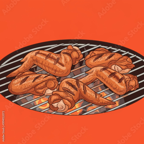Vector illustration of five seasoned BBQ chicken wings grilling on a circular metal barbecue rack over hot flames and charcoal, isolated on a solid orange background.