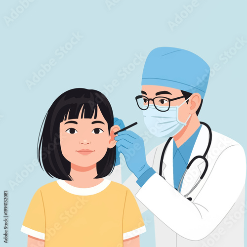 Vector illustration of an Asian male doctor wearing a surgical mask and gloves performing an ear examination on a young Asian girl during a pediatric medical checkup.