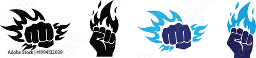 Empowerment and strength icon with raised fist and flame. Symbol of power, motivation and inner energy, personal growth, Leadership concepts, confidence themes and inspirational business projects,