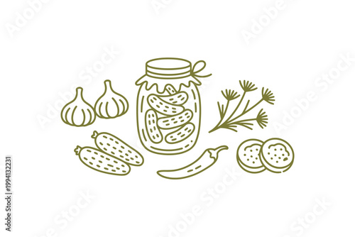 Pickles in jar with garlic dill and chili pepper outline vector icons.
