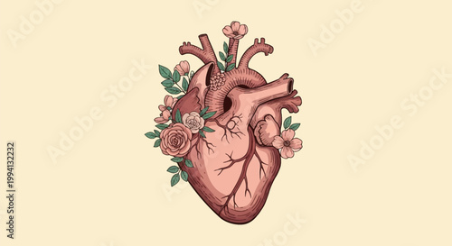 Detailed anatomical human heart drawing with floral arrangements of pink roses and blossoms growing from the arteries, vintage line art style on a neutral beige background.