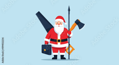 Flat vector illustration of Santa Claus holding a professional briefcase and a spear, with a cross-cut hand saw and an axe behind him, set against a light blue background.