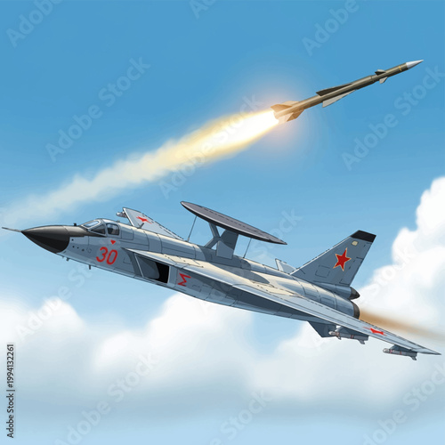 Cold War era Soviet military aircraft with radar rotodome and red star insignia flying in clear sky while a surface-to-air or air-to-air missile is launched above it.