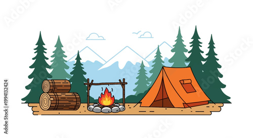 Flat vector illustration of a scenic mountain campsite with an orange tent, burning campfire, stone ring, stacked firewood, and pine trees against snow-capped mountain peaks.