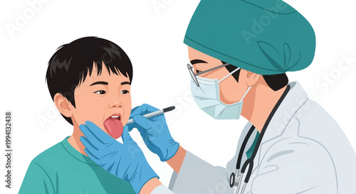 A doctor in medical scrubs and mask examines a young Asian boy's tongue for geographic tongue symptoms in a clinical setting vector illustration on a white background.