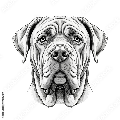 Detailed black and white engraving of a Neapolitan Mastiff head from a front view, featuring characteristic skin folds, drooping jowls, and sad eyes isolated on a white background.