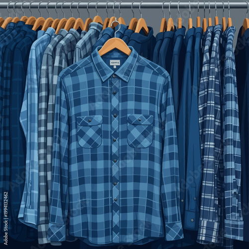 Illustration of several blue flannel and plaid button-down shirts hanging on wooden hangers on a metal clothing rack in a thrift store or retail shop, featuring checkered patterns.