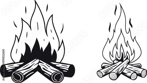 Campfire Vector Illustration – Bonfire Wood Fire Black and White Icon Set
