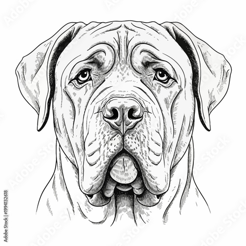 Detailed black and white line art engraving of a Neapolitan Mastiff head portrait featuring characteristic facial wrinkles, heavy jowls and drooping eyes on a white background.