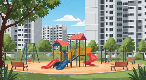 Vector illustration of a modern children's playground in an urban park featuring colorful slides, swing sets, wooden benches, and green trees set against high-rise apartment buildings.