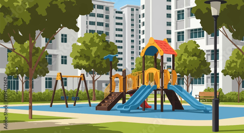 Vector illustration of a children's playground in a residential area featuring blue slides, a swing set, green trees, and white high-rise apartment buildings in a flat design style.