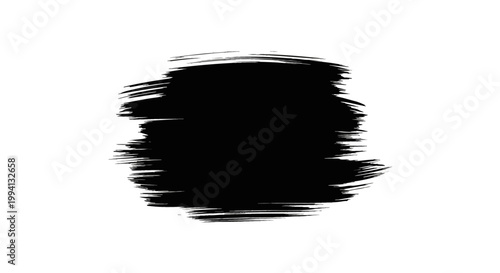 Horizontal black ink brush stroke with textured edges and jagged bristles on a white background, isolated graphic element for design projects and artistic compositions.