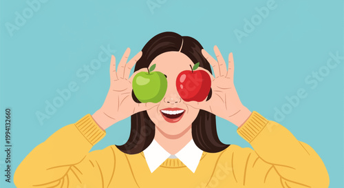 Flat vector illustration of a smiling young Asian woman holding one green apple and one red apple in front of her eyes, wearing a yellow sweater on a solid blue background.