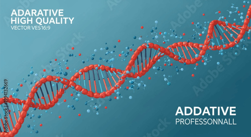 3D vector illustration of a red and blue DNA double helix strand with surrounding molecular structures and spheres on a dark teal background for genetics and biotechnology research.