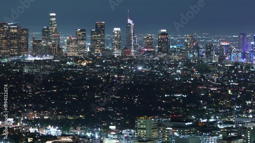 Los Angeles Downtown Night Skyline Telephoto Time Lapse Tilt Up California USA