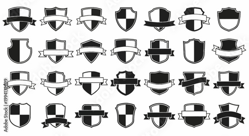 Large collection of twenty-eight vector shield icons and heraldic crest silhouettes with ribbons or banners, featuring various geometric shapes and black and white divided patterns.