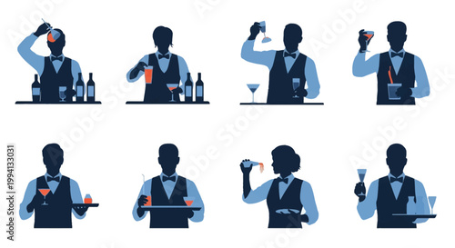 Silhouette set of professional male and female bartenders in formal uniforms, mixing cocktails, pouring drinks into glasses, and carrying serving trays with alcoholic beverages.