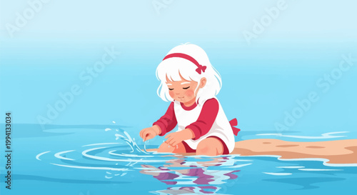 Vector illustration of a little girl with white hair and red headband sitting on a sandy beach and playing with clear blue water ripples and splashes in a bright summer setting.
