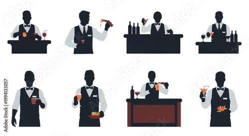 Professional bartender silhouettes in vests and bow ties, performing mixology tasks like pouring liquor, holding cocktails, and serving behind bar counters on white background.