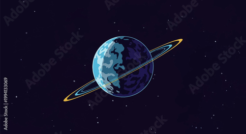 Vector illustration of a ringed exoplanet in deep space with blue and purple continents, surrounded by thin yellow rings against a dark background filled with distant stars.