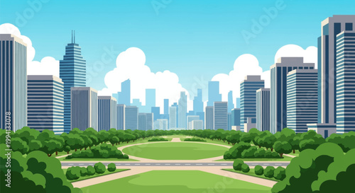 Vector illustration of a sprawling green city park featuring lush trees, walking paths, and manicured lawns situated in front of a dense urban skyline with tall modern skyscrapers.