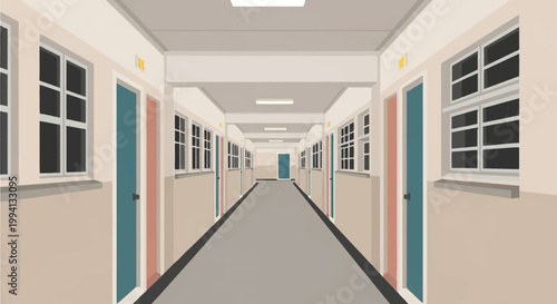 Symmetrical flat vector illustration of a long institutional hallway featuring rows of blue and red doors, interior windows, overhead fluorescent lighting, and grey flooring.
