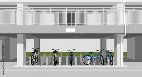 Minimalist vector illustration of a bicycle parking area under a grey building structure, featuring five diverse bicycles parked in white metal racks against a neutral background.