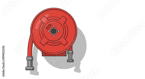 Red fire hose reel illustration mounted on a white wall for emergency fire safety and prevention. Vector graphic of firefighting equipment showing the reel, nozzle, and mounting plate.