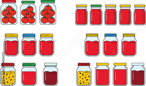 Tomato Sauce and Juice Jar Icon Set with Fresh Ingredients, Glass Containers, Preserves, Homemade Food, and Beverage Packaging in Flat Colorful Design Collection