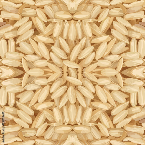 Symmetrical vector illustration of whole grain brown rice grains arranged in a seamless repeating kaleidoscope pattern. Close-up view of unpolished rice texture for food background.