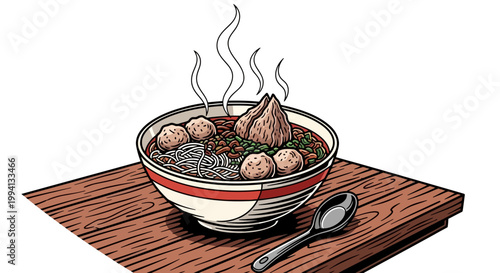 Delicious Indonesian Bakso Meatball Soup with Noodles in a Bowl on a Wooden Table