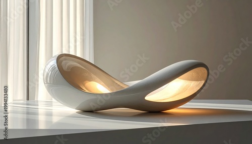 Modern, sculptural white lamp with soft light, near window. Smooth curves, minimal design