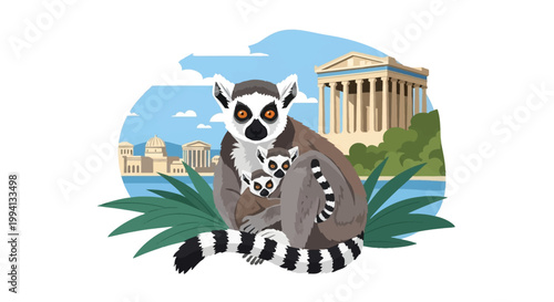 Vector illustration of a ring-tailed lemur mother protecting two babies, set against a background of an ancient Greek temple, acropolis architecture, and green palm foliage.