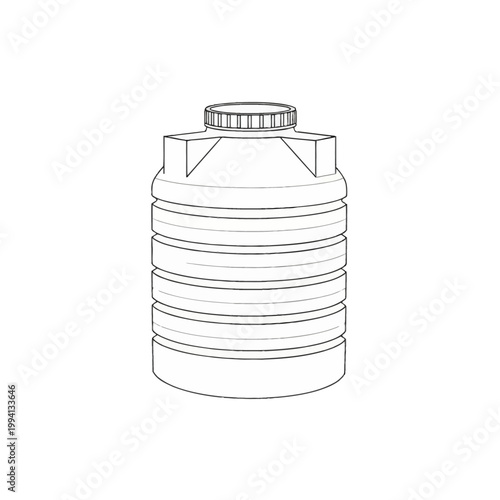 Minimalist black and white line art illustration of a vertical ribbed liquid storage barrel or cistern with a screw cap lid, isolated vector icon on a plain white background.