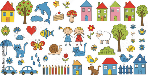 Childlike doodle illustration set featuring houses animals trees flowers cars rainbow pencils and playful kids elements in colorful hand drawn style
