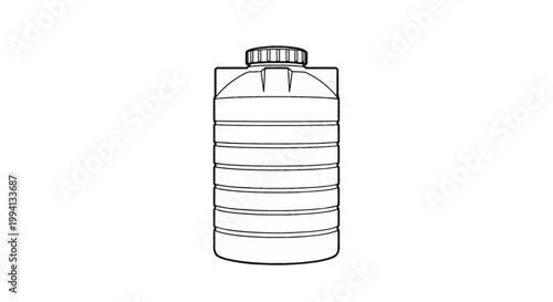 Outline vector illustration of a vertical cylindrical industrial plastic water storage tank with a ribbed body design and a threaded top lid, isolated on a plain white background.