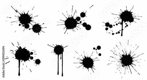 Set of black ink splatters, paint drips, and liquid spray blots isolated on white background. Messy stains, droplet silhouettes, and splatter patterns for graphic design elements.