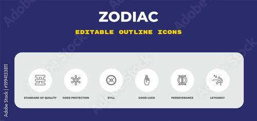 outline zodiac icons set - standard of quality, gods protection, still. editable vector for web and mobile ui