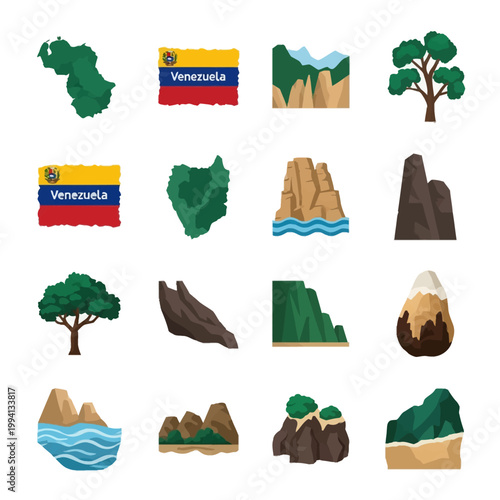 Vector icon set representing Venezuela national parks and geography, featuring maps, flags, tepui formations, rainforest trees, mountain peaks, and tropical coastal landscapes.
