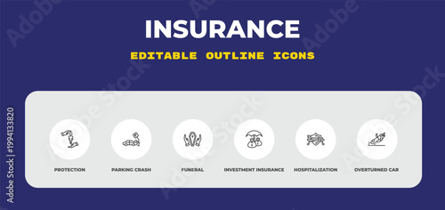 outline insurance icons set - protection, parking crash, funeral. editable vector for web and mobile ui