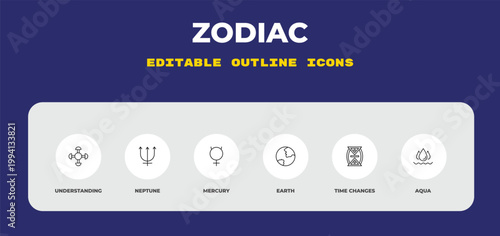 outline zodiac icons set - understanding, neptune, mercury. editable vector for web and mobile ui