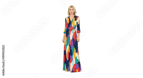 Vector illustration of a blonde woman standing in a colorful abstract pattern maxi dress with long sleeves and a V-neckline, isolated on a white background, full body view.