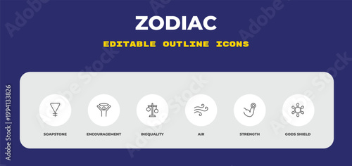 outline zodiac icons set - soapstone, encouragement, inequality. editable vector for web and mobile ui