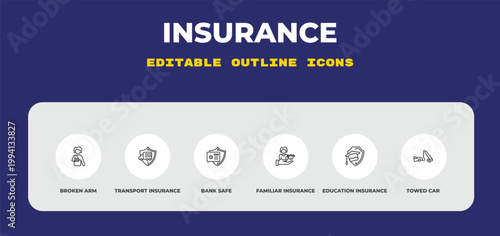 outline insurance icons set - broken arm, transport insurance, bank safe. editable vector for web and mobile ui