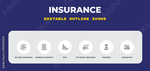 outline insurance icons set - delivery insurance, marriage contract, bite. editable vector for web and mobile ui