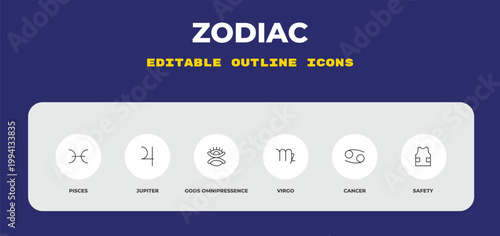 outline zodiac icons set - pisces, jupiter, gods omnipressence. editable vector for web and mobile ui