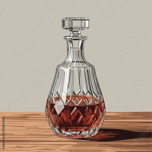 Vector illustration of a faceted lead crystal decanter containing amber-colored whiskey or bourbon, placed on a horizontal wooden table surface against a neutral grey background.