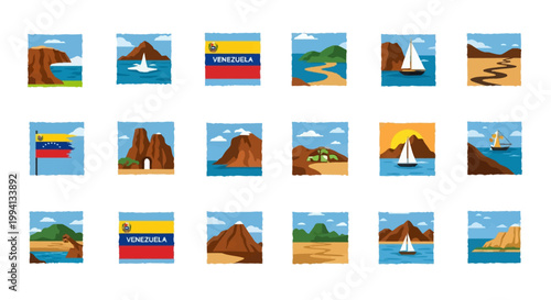 Vector icon set of Venezuelan national parks including Canaima tepuis, Los Roques coastline, Coro dunes, Andes mountains, and the national flag of Venezuela on white background.