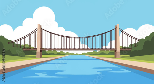Flat vector illustration of a modern suspension bridge spanning across a calm blue river with green grassy banks, dense trees, and a clear sky featuring large fluffy white clouds.