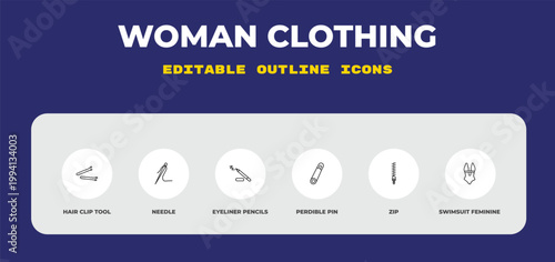 outline woman clothing icons set - hair clip tool, needle, eyeliner pencils. editable vector for web and mobile ui